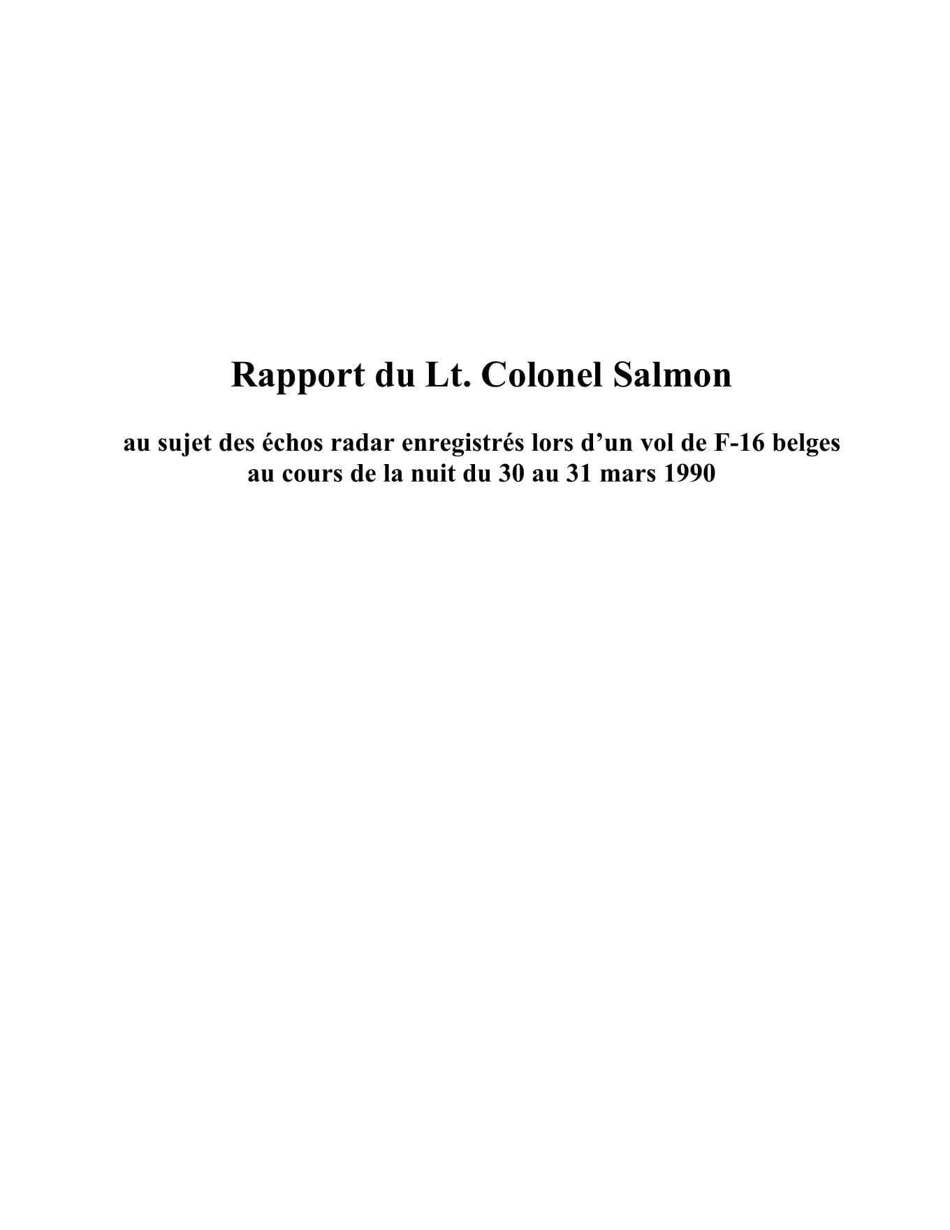 Page de titre du rapport technique du lieutenant-colonel Salmon sur les échos radar des F-16 belges des 30-31 mars 1990