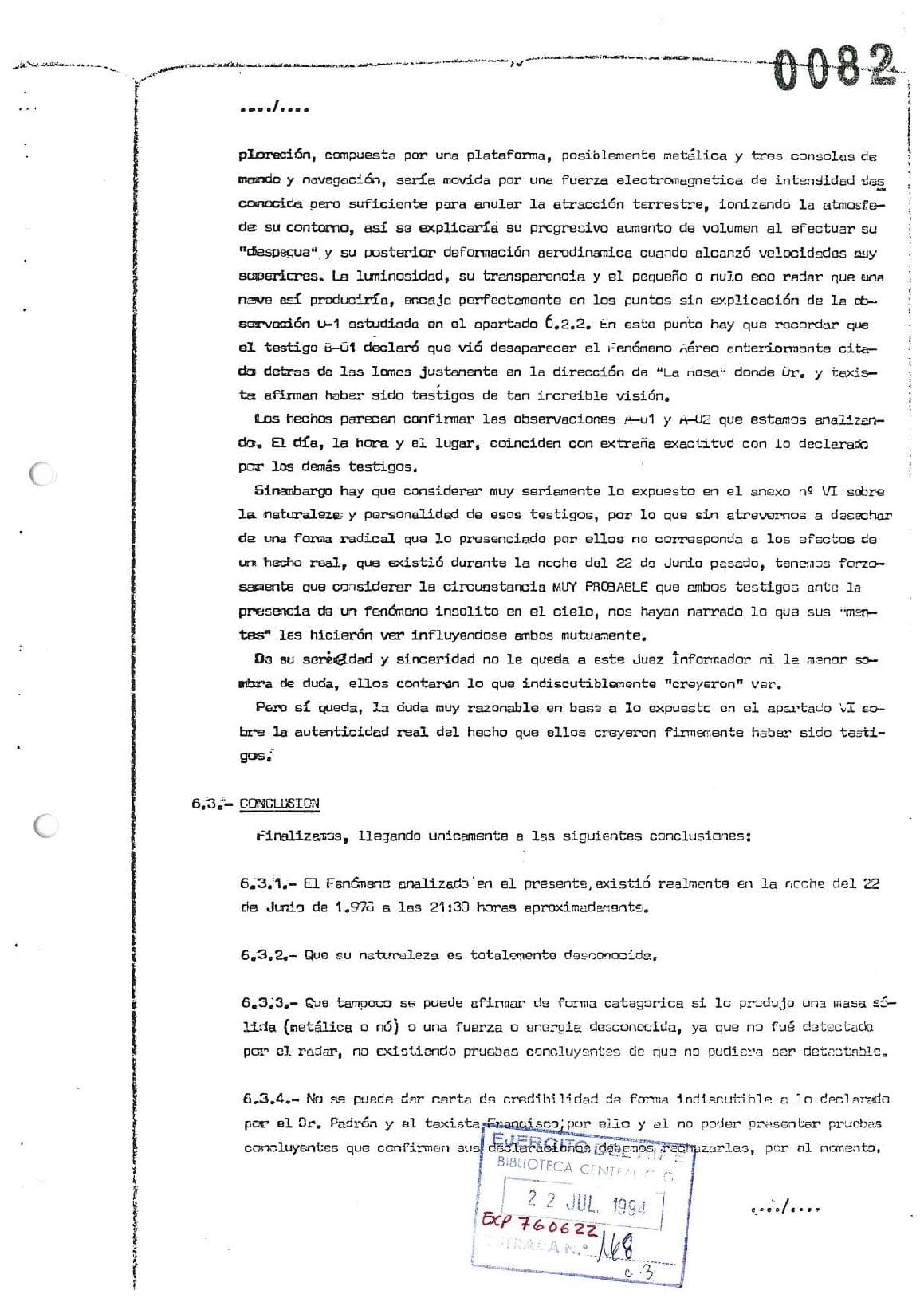 Page de conclusion de l'enquête de l'armée de l'air espagnole sur le phénomène du 22 juin 1976