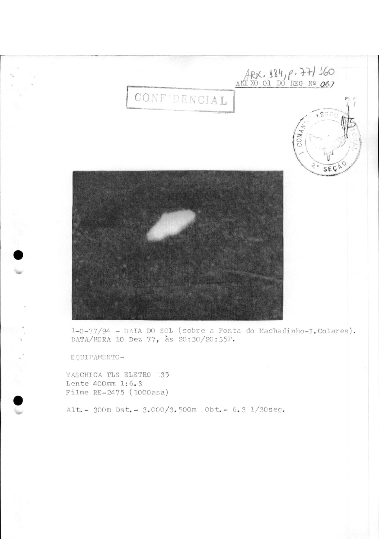 Page d'archive de l'armée de l'air brésilienne contenant la photo annexée à la fiche 067 de l'opération Prato
