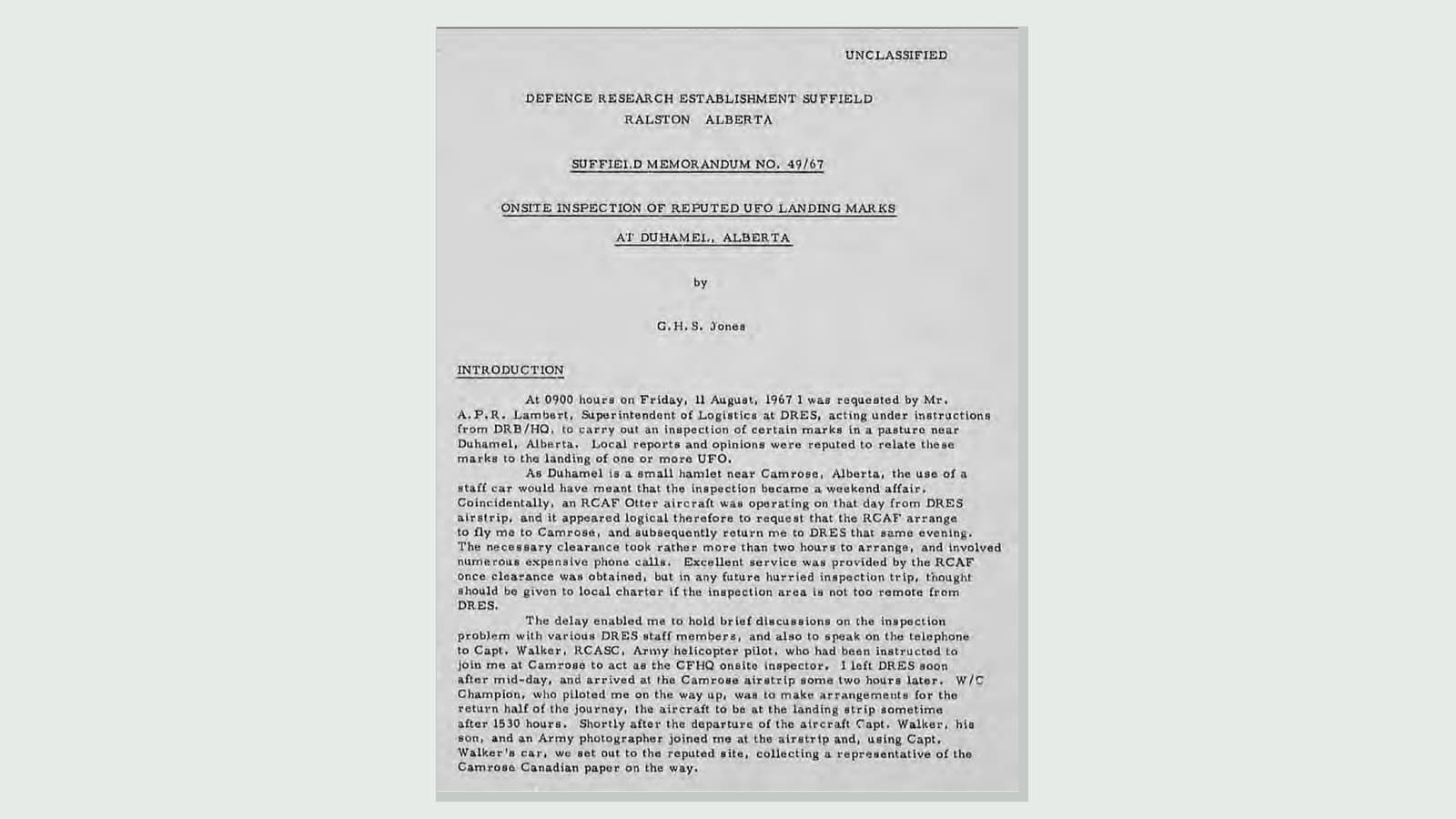 1967年にカナダ国防当局がデュアメルのUFO着陸痕を調査した覚書の第1ページ