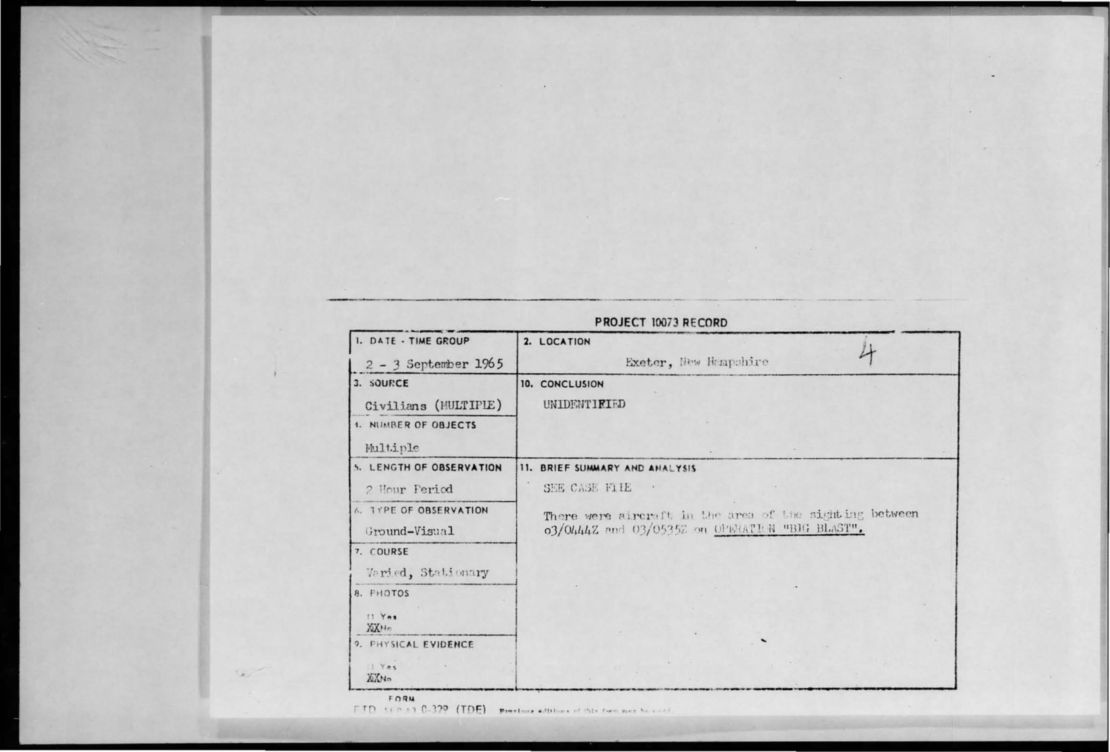 Ficha do Project Blue Book para o incidente de Exeter de setembro de 1965