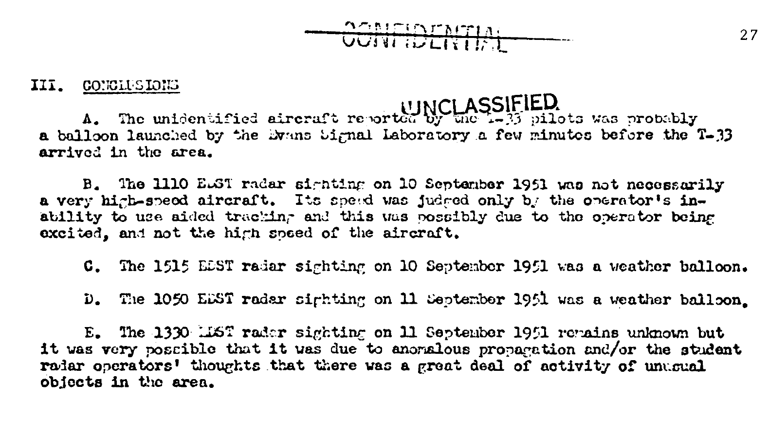 Recadrage de la page de conclusions du Special Report No. 1 de Project Grudge du 28 décembre 1951