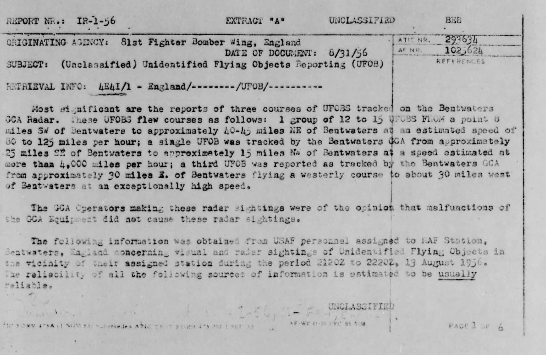 1956年8月RAF Bentwatersのレーダー・目視報告を要約した米空軍IR-1-56抜粋