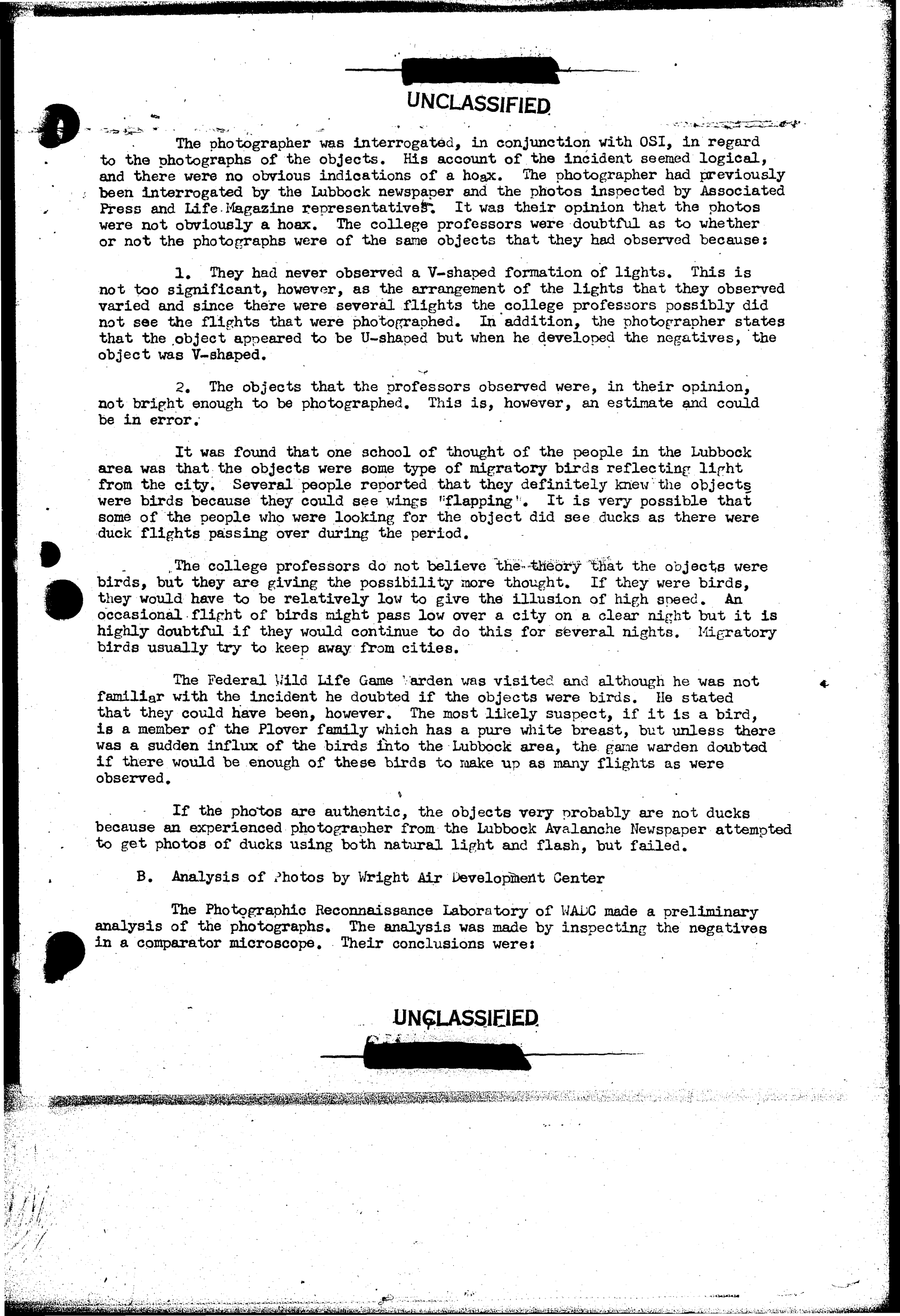 Page du rapport Project Grudge sur l'examen des photos de Hart et l'hypothèse aviaire