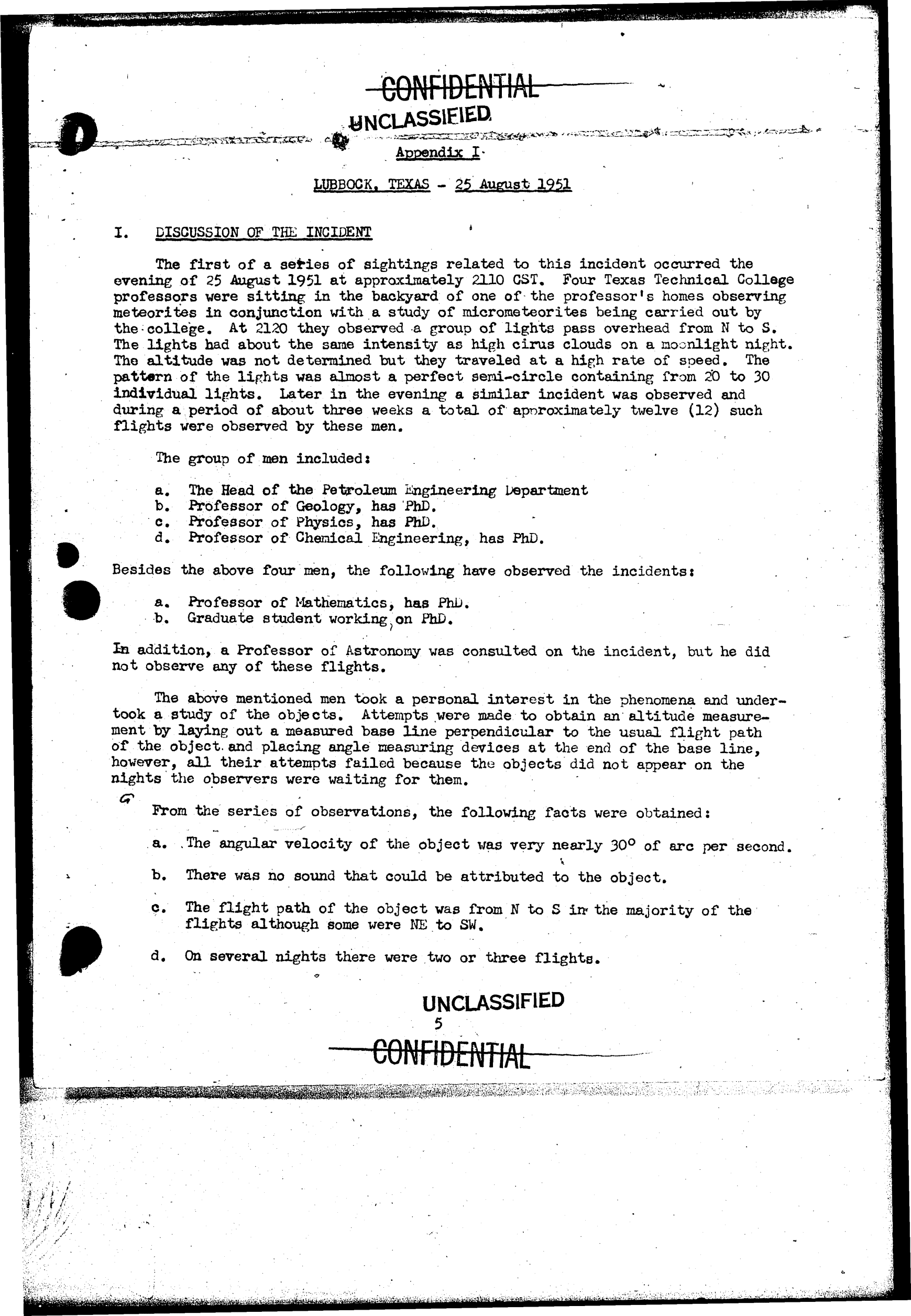 Première page de l'annexe officielle de Project Grudge sur les Lumières de Lubbock en 1951