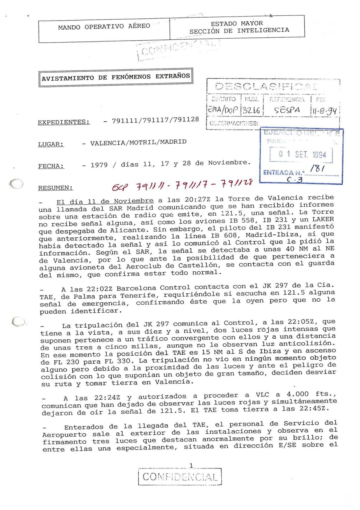 Page de résumé numérisée de l'armée de l'air sur Manises, 11 novembre 1979