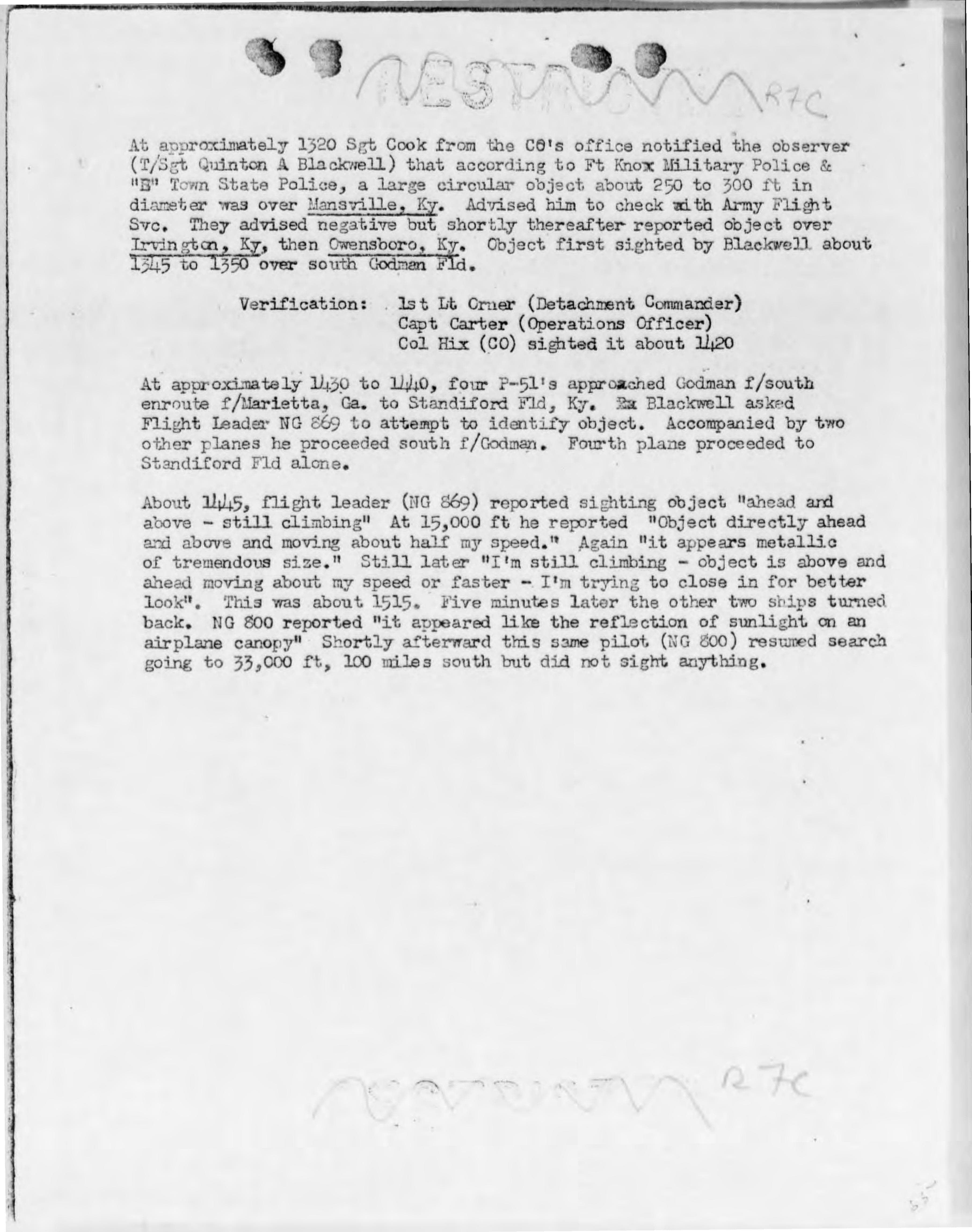 Chronologie dactylographiée de Godman Field sur la poursuite Mantell