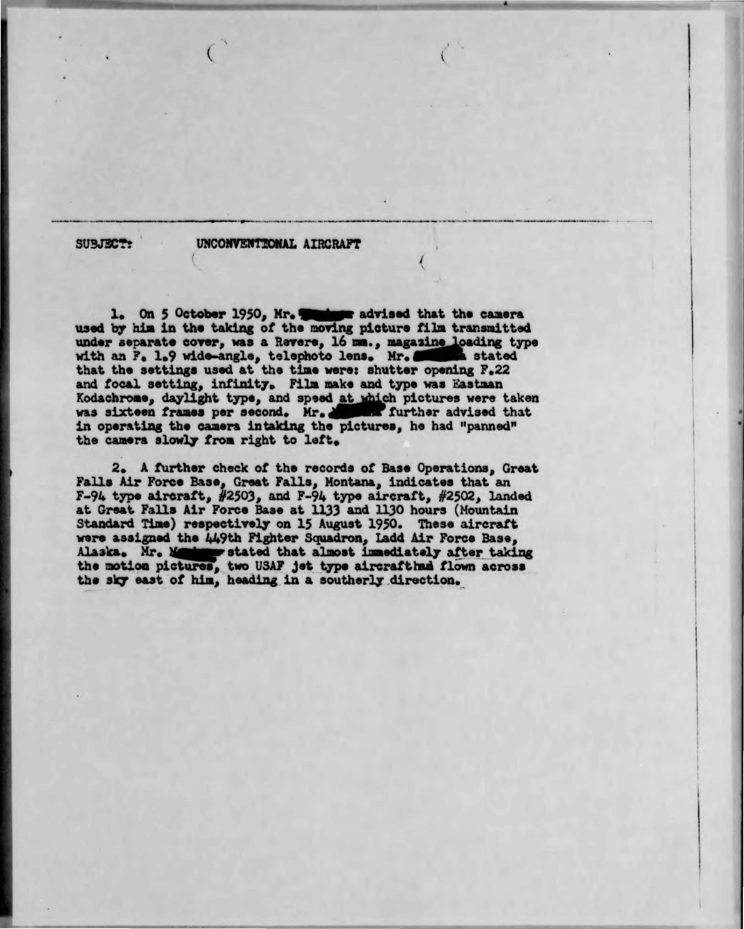 Mémo Blue Book sur les réglages de Mariana et les atterrissages de deux F-94