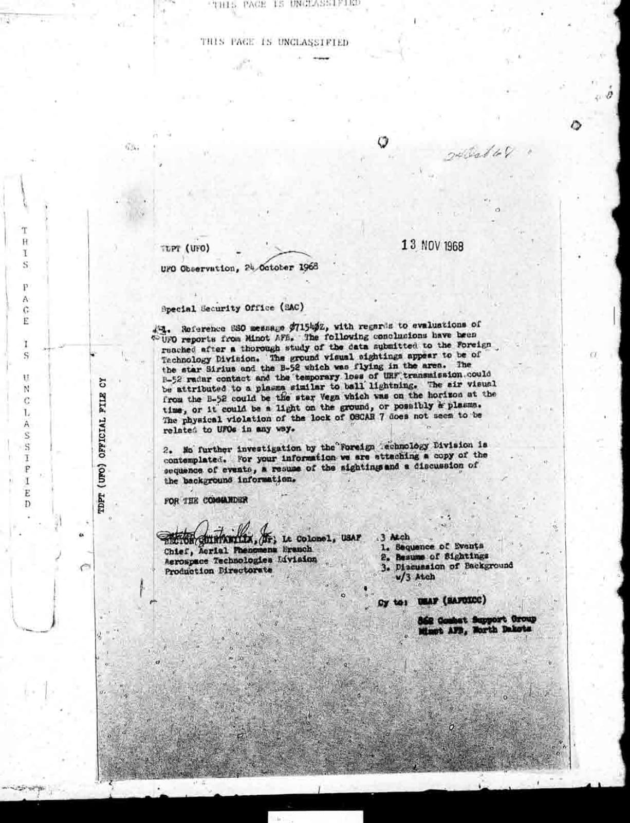Página del informe final de Minot fechada el 13 de noviembre de 1968