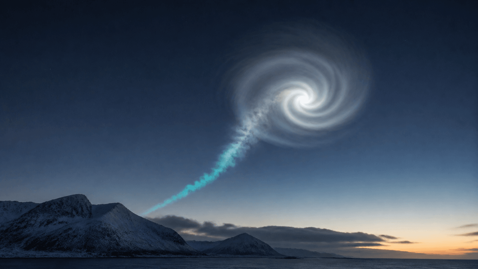 Reconstrucción editorial de la espiral noruega de 2009 sobre una costa nevada del norte