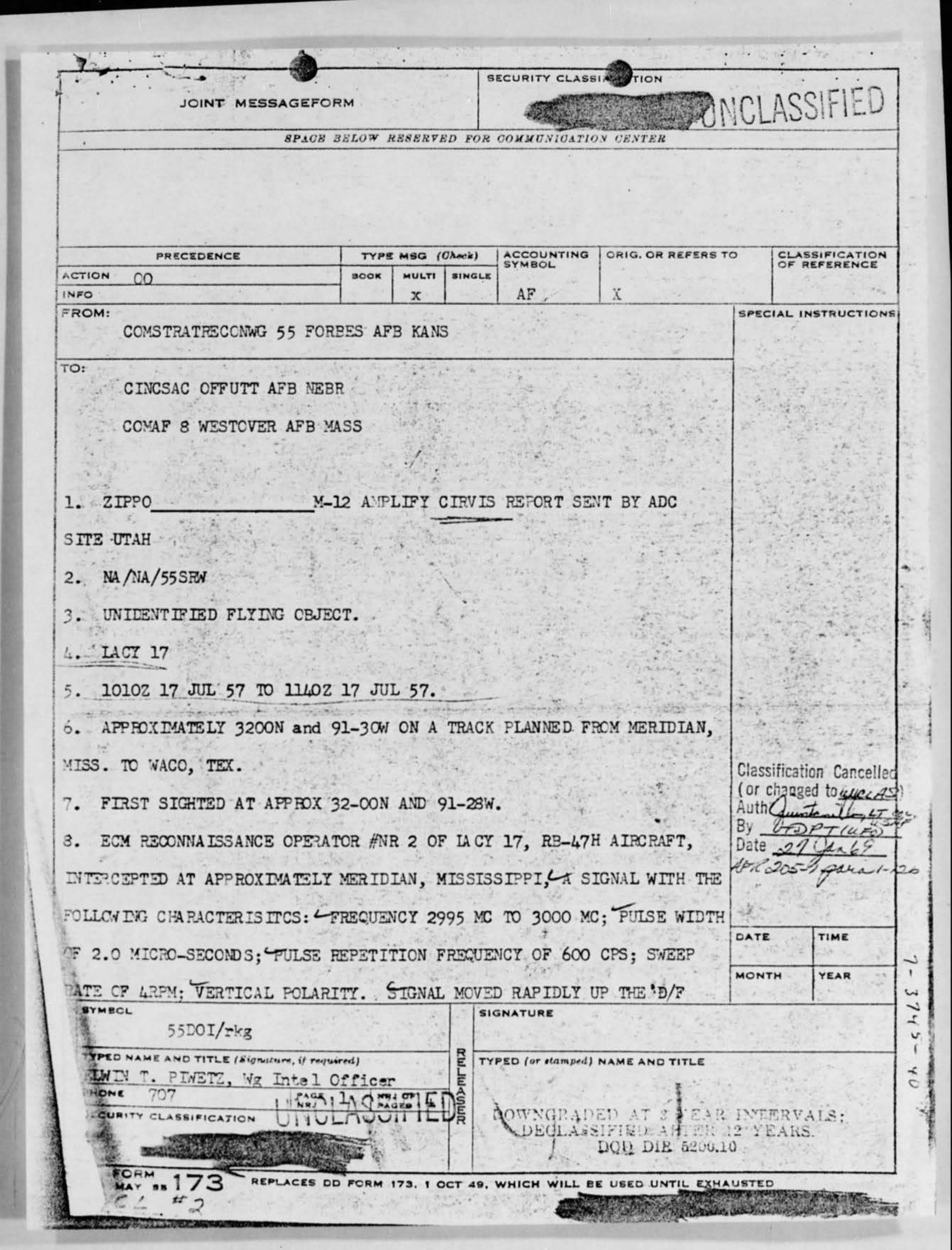Première page du message Air Force du 17 juillet 1957 sur le RB-47