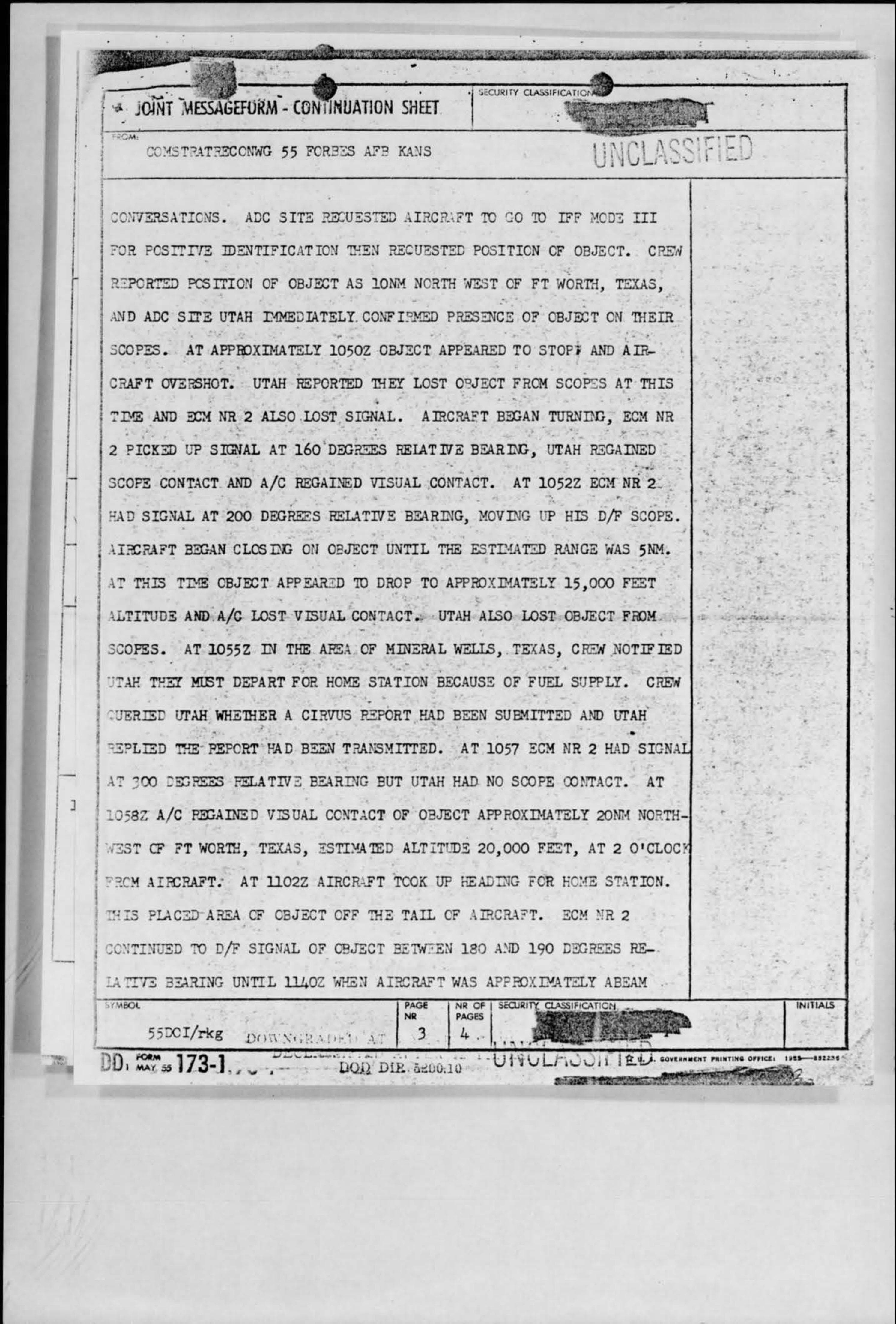 Page de suite du message RB-47 avec rapports visuels, ECM et radar horodatés