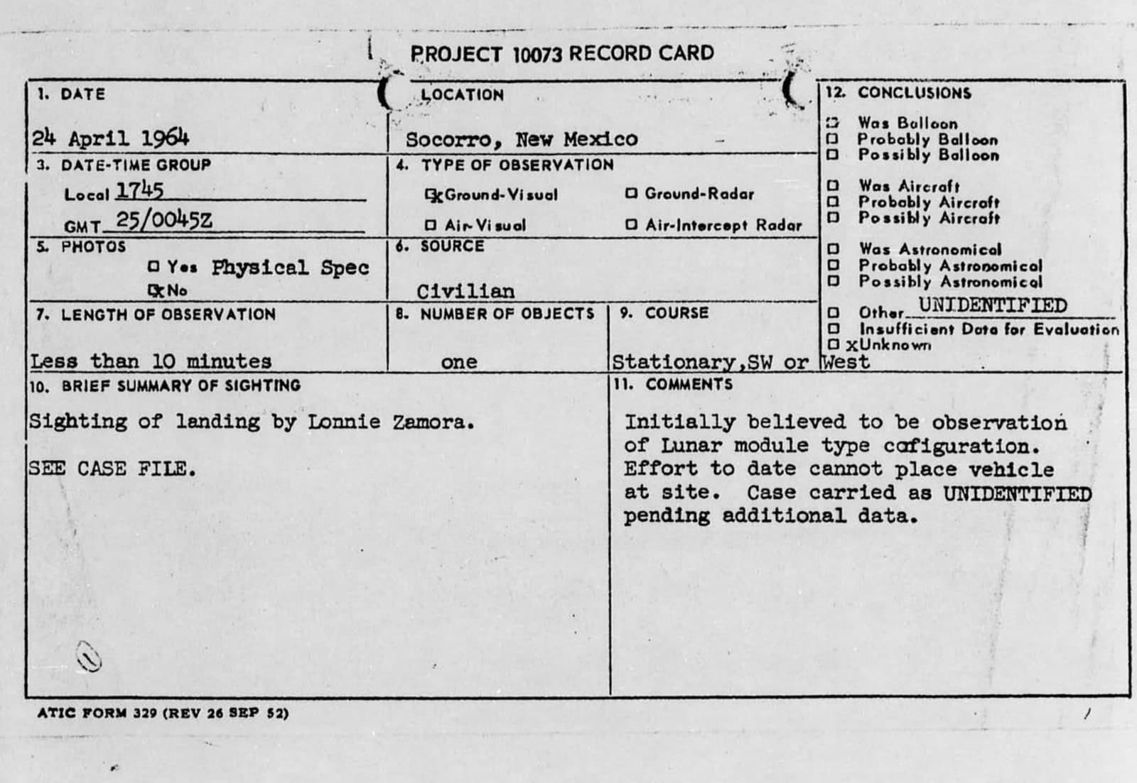 1964 Socorro UFO incident: Lonnie Zamora and the Blue Book file