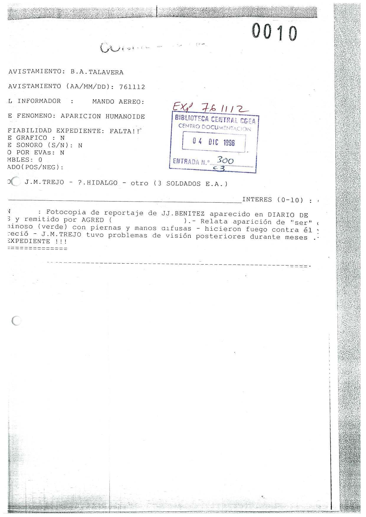 Spanish Air Force Talavera case card recording missing file reliability and no graphic, sound or other evidence