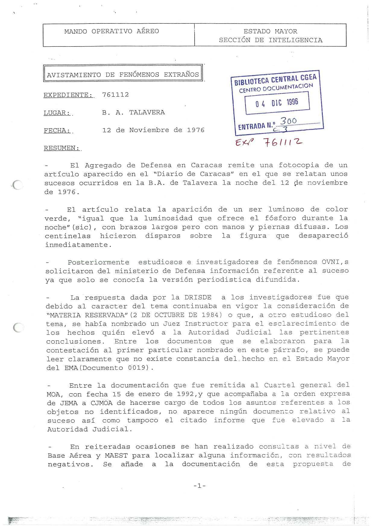 Spanish Air Force intelligence summary for file 761112 on the reported 1976 Talavera Air Base encounter