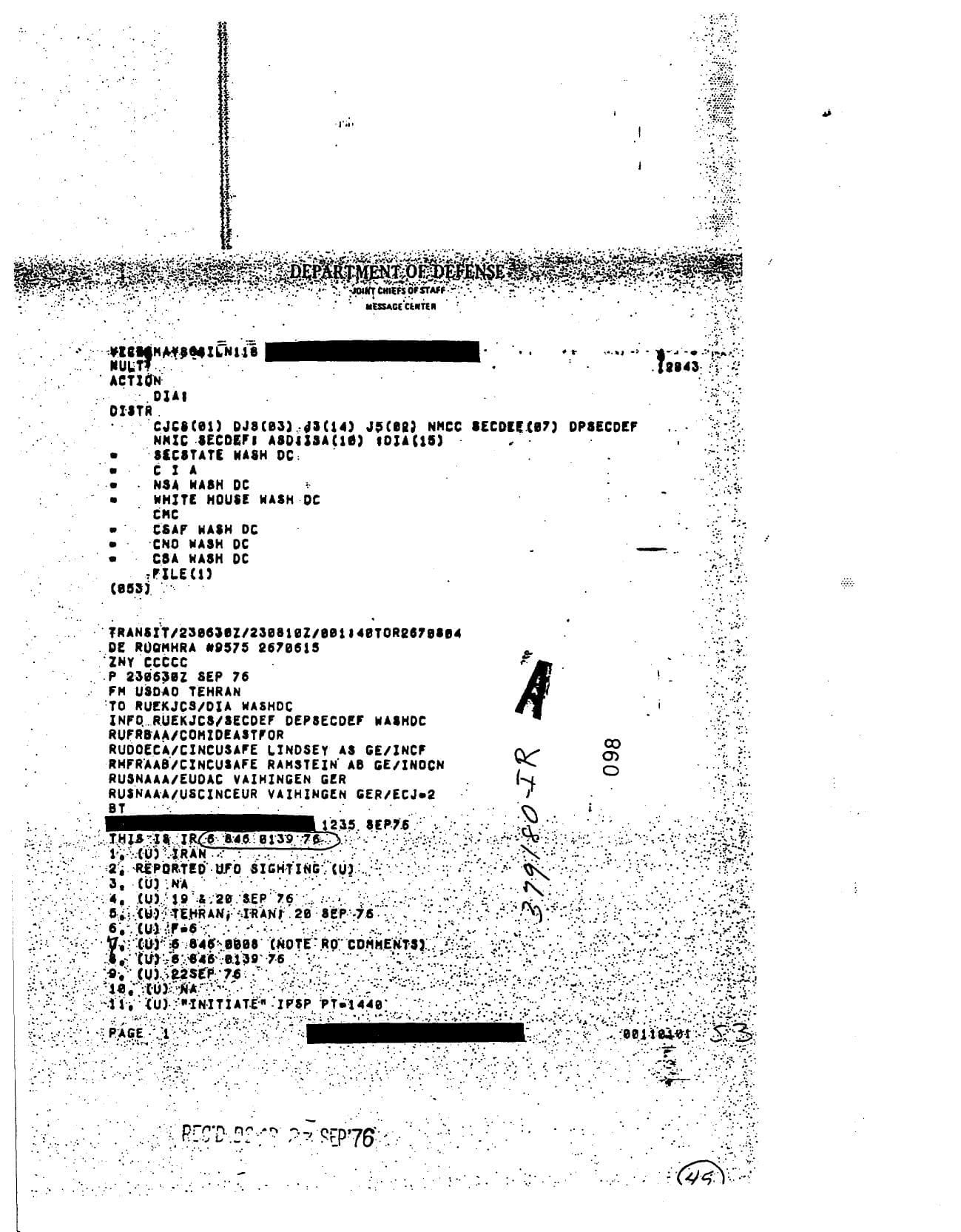 Primeira página do relatório desclassificado sobre o avistamento iraniano de 19 de setembro de 1976