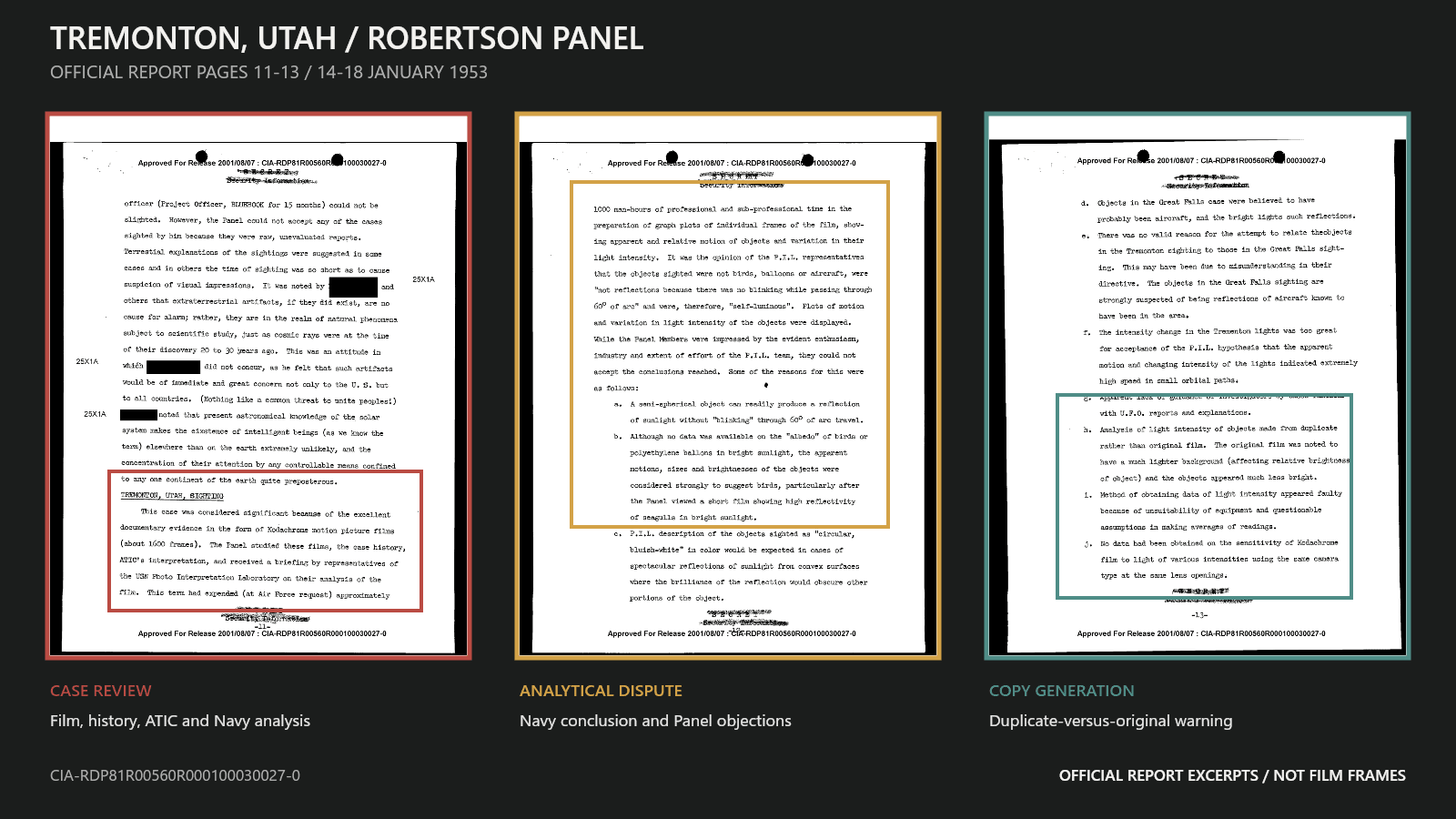 Robertson Panel report pages on the Tremonton film, with highlighted passages about the Navy analysis and duplicate-versus-original problem