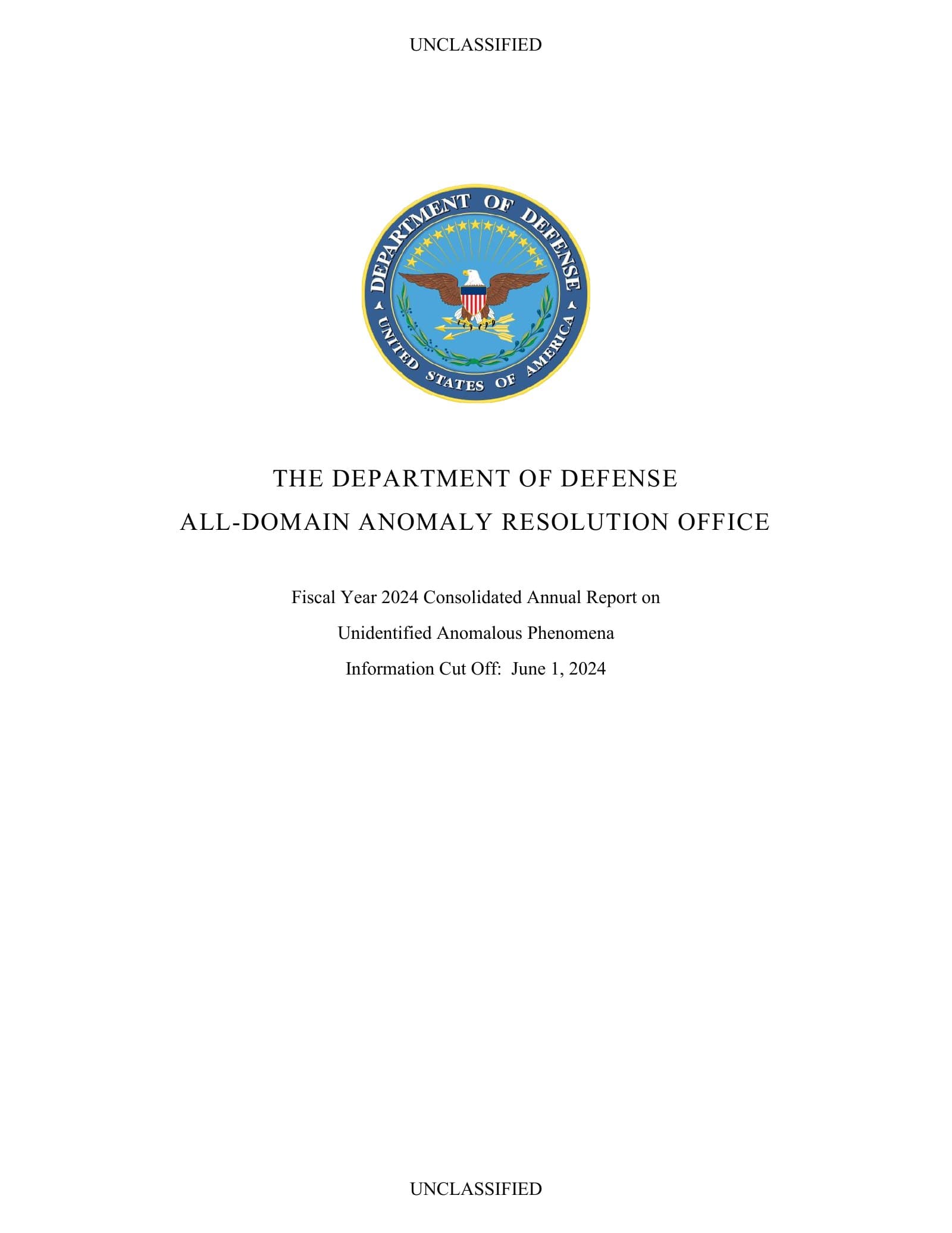 Portada del informe UAP consolidado del año fiscal 2024 del Departamento de Defensa y AARO
