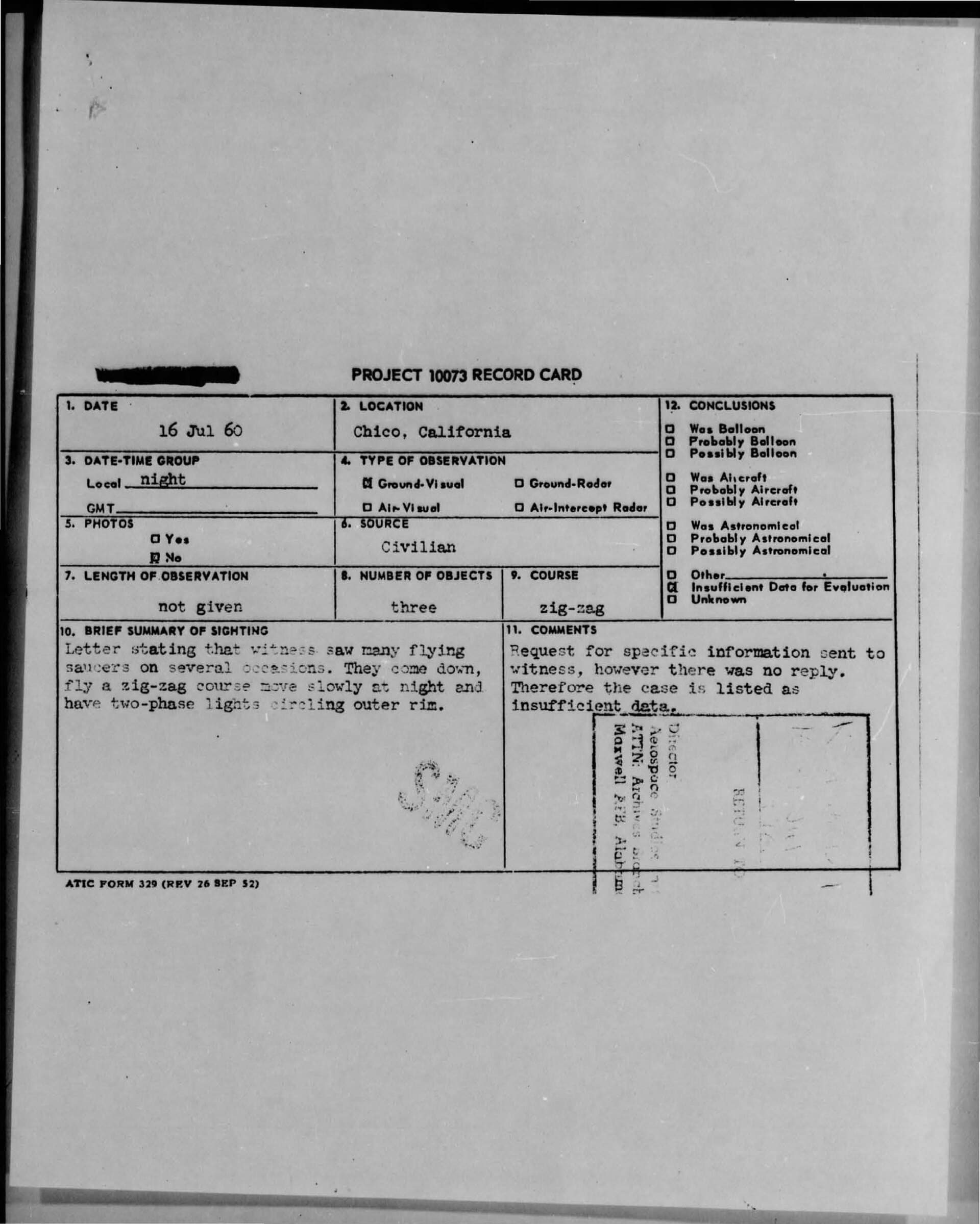 Project Blue Book record card for a July 1960 report from Chico, California