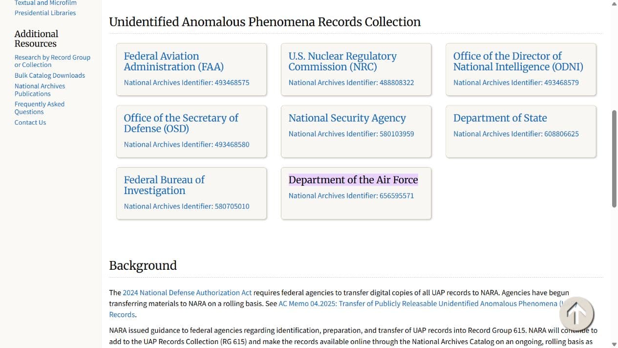 L'index des Archives nationales ajoute les dossiers de l'Air Force à la collection UAP