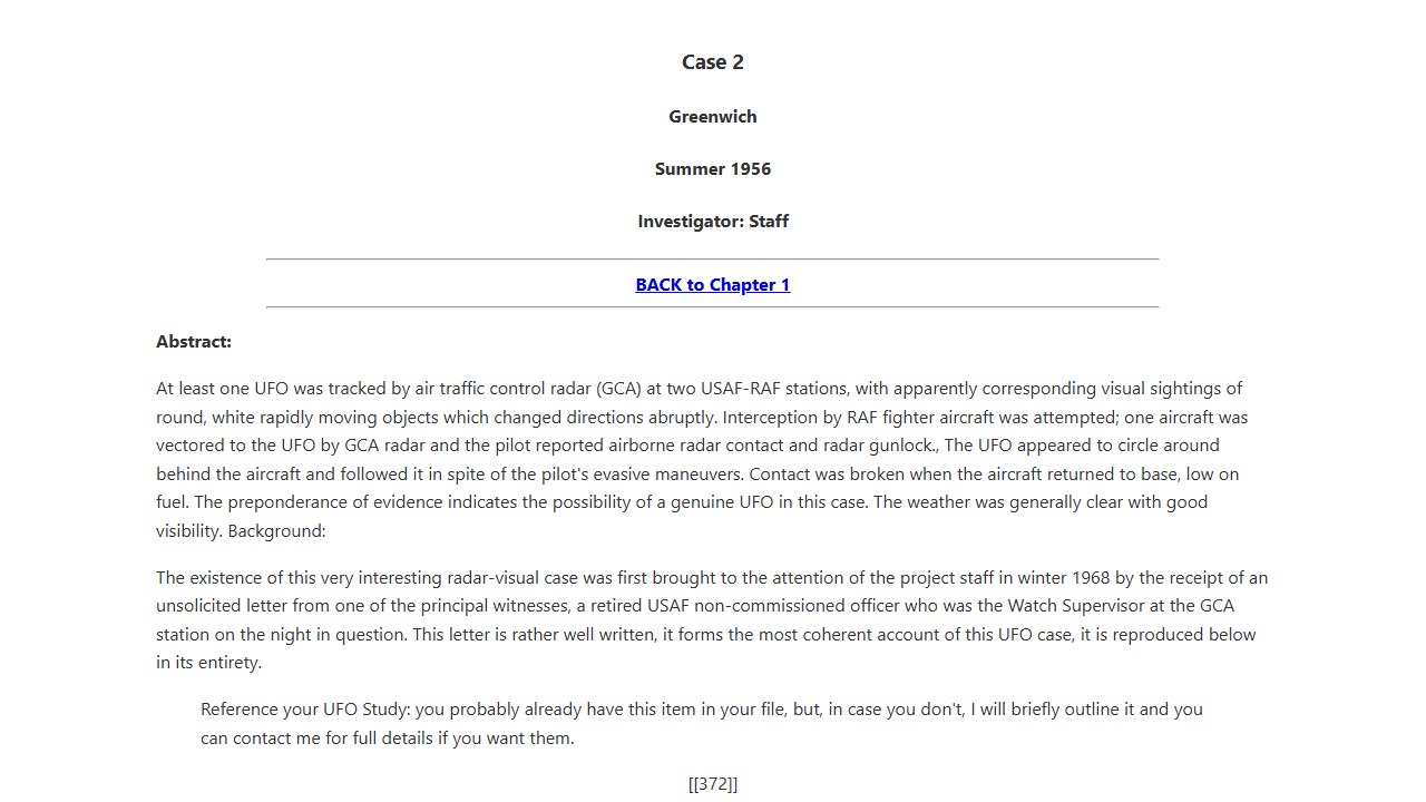 NCAS-hosted Condon Report Case 2 page for the 1956 Lakenheath-Bentwaters radar-visual incident